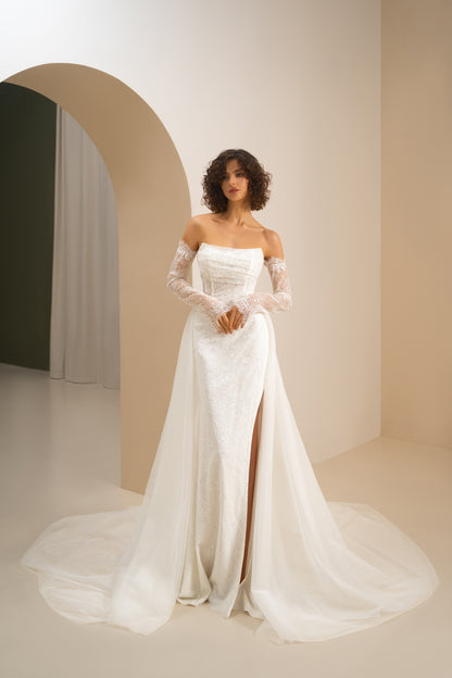 Mariya - Strapless Lace Wedding Dress with Detachable Train & Gloves