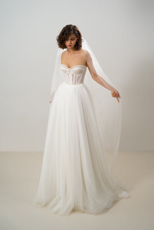 Melek - Elegant Beaded Strapless Corset A-line  Dress