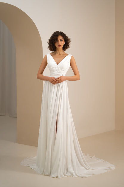Mirey - Elegant V-Neck Open Back Slit Skirt Wedding Dress