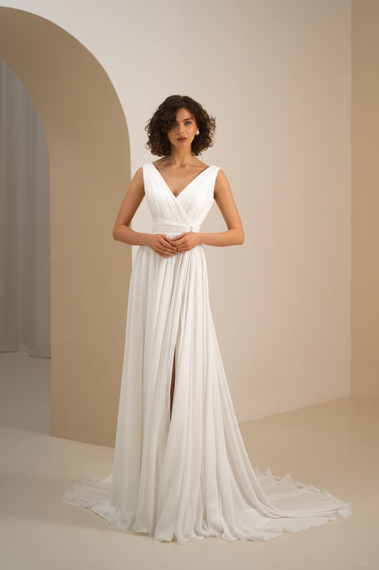 Mirey - Elegant V-Neck Open Back Slit Skirt Wedding Dress