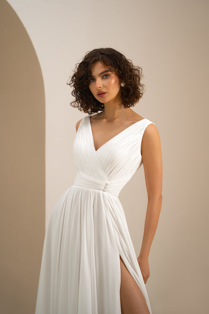 Mirey - Elegant V-Neck Open Back Slit Skirt Wedding Dress