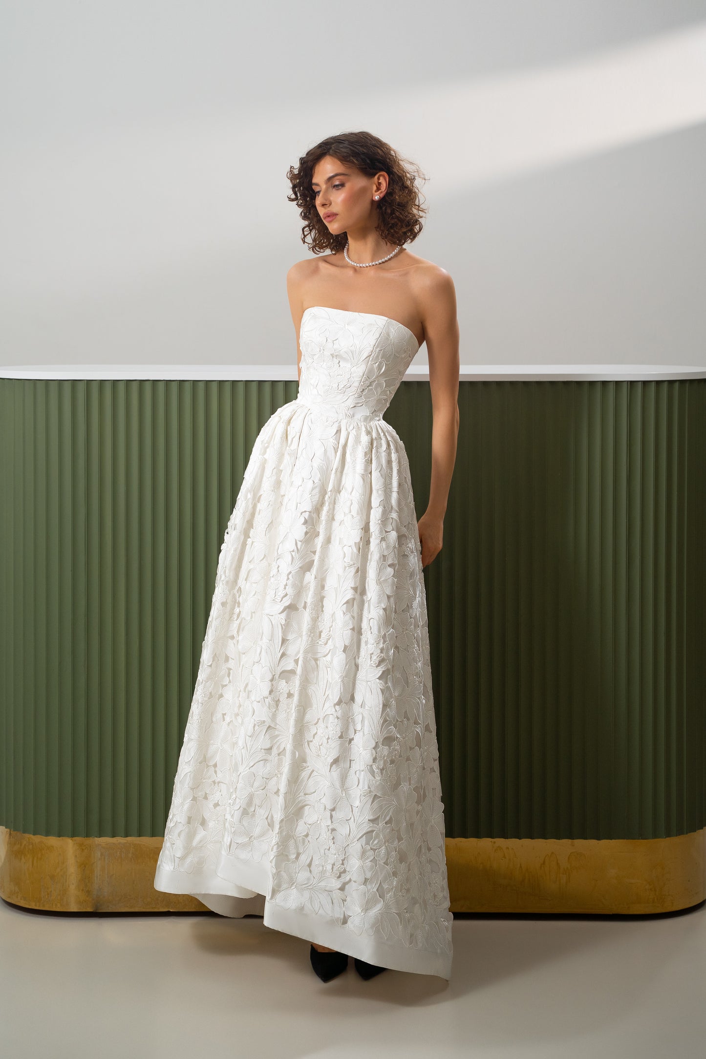 Monica - Strapless Floral Lace High-Low Skirt  Gown