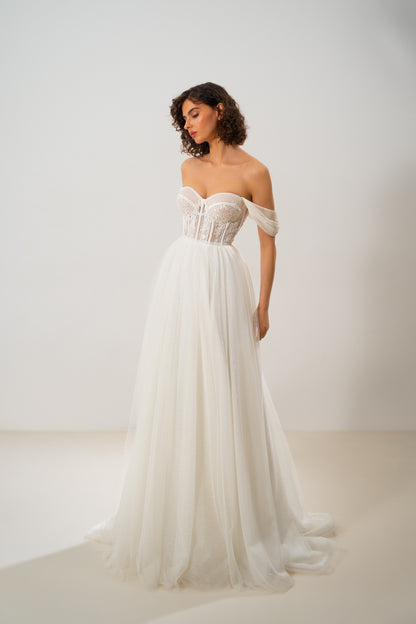 Nicole - Off-Shoulder Lace Sweetheart Neckline & A-line Tulle Skirt Wedding Dress