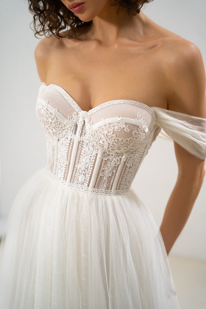 Nicole - Off-Shoulder Lace Sweetheart Neckline & A-line Tulle Skirt Wedding Dress