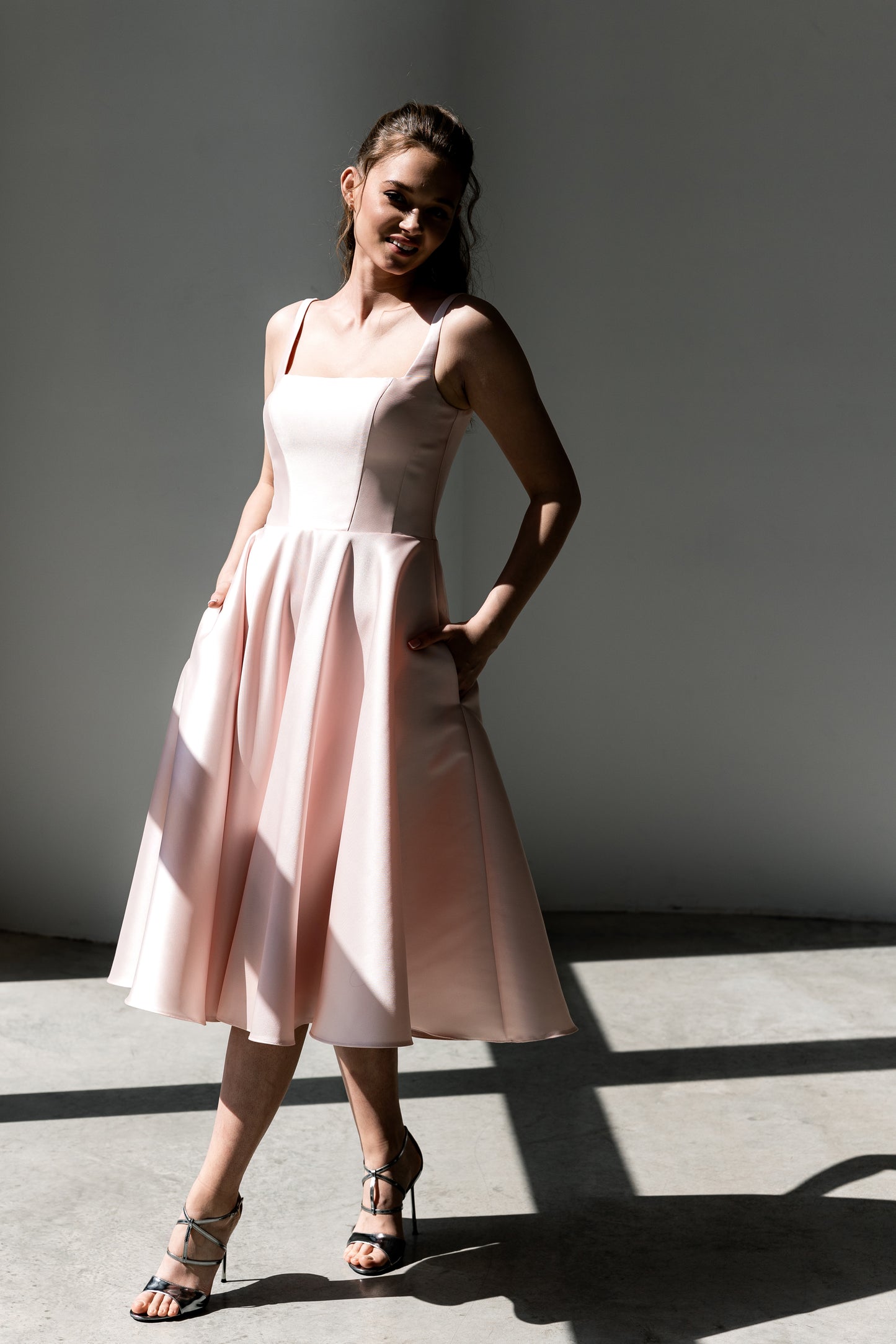 Pinky - Blush Pink Satin Midi Dress Elegant A-line Flowing Cocktail & Bridesmaid Gown