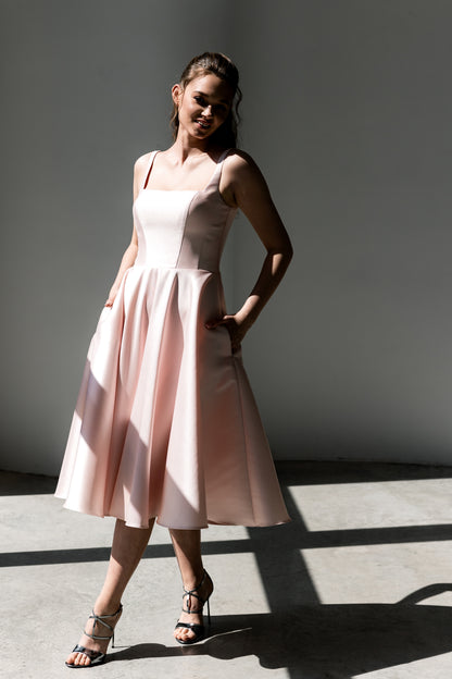 Pinky - Blush Pink Satin Midi Dress Elegant A-line Flowing Cocktail & Bridesmaid Gown