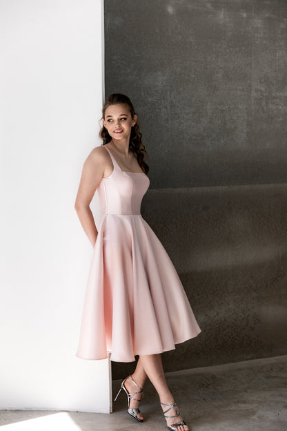Pinky - Blush Pink Satin Midi Dress Elegant A-line Flowing Cocktail & Bridesmaid Gown