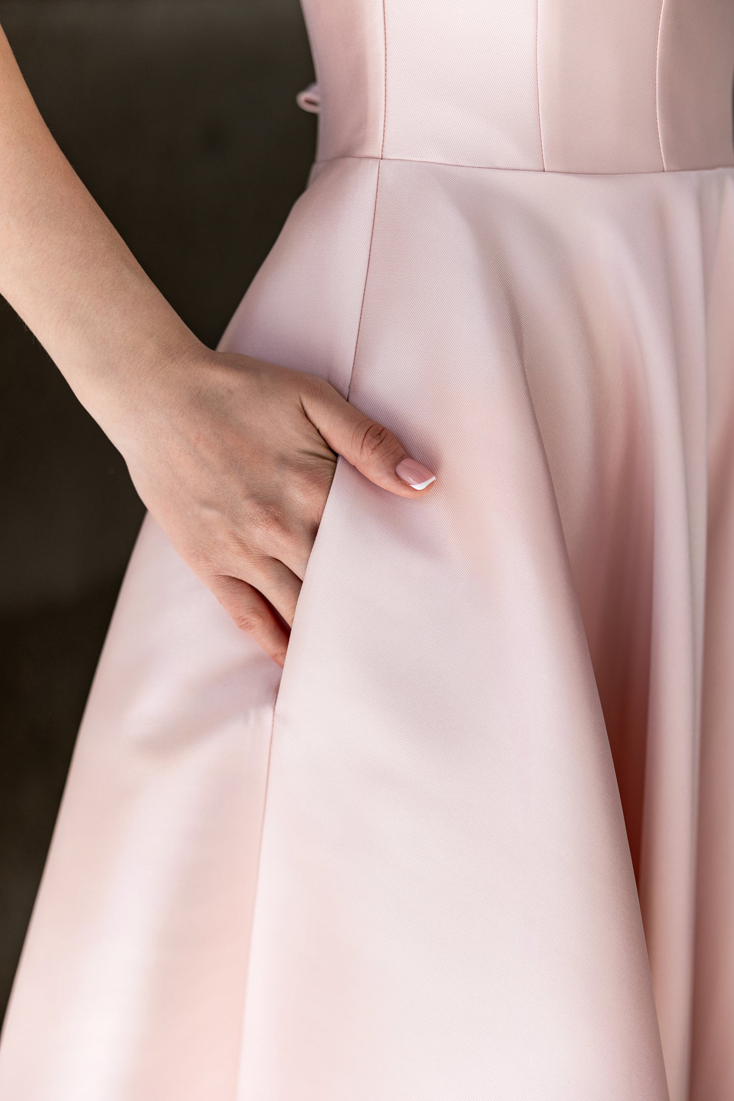 Pinky - Blush Pink Satin Midi Dress Elegant A-line Flowing Cocktail & Bridesmaid Gown