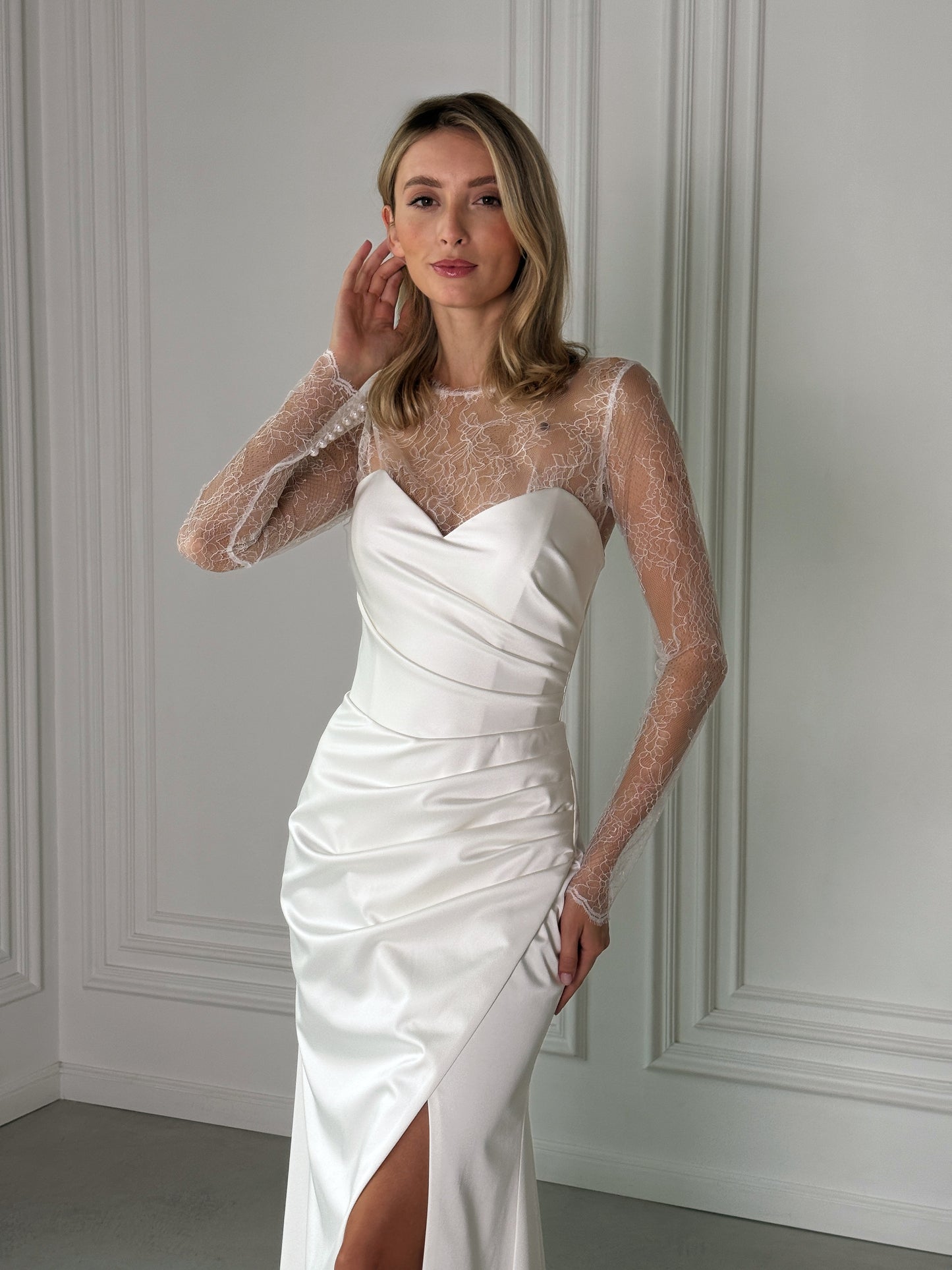 Robin Satin Wedding Gown- Minimalist Dress With Slit, Detachable Lace Bolero