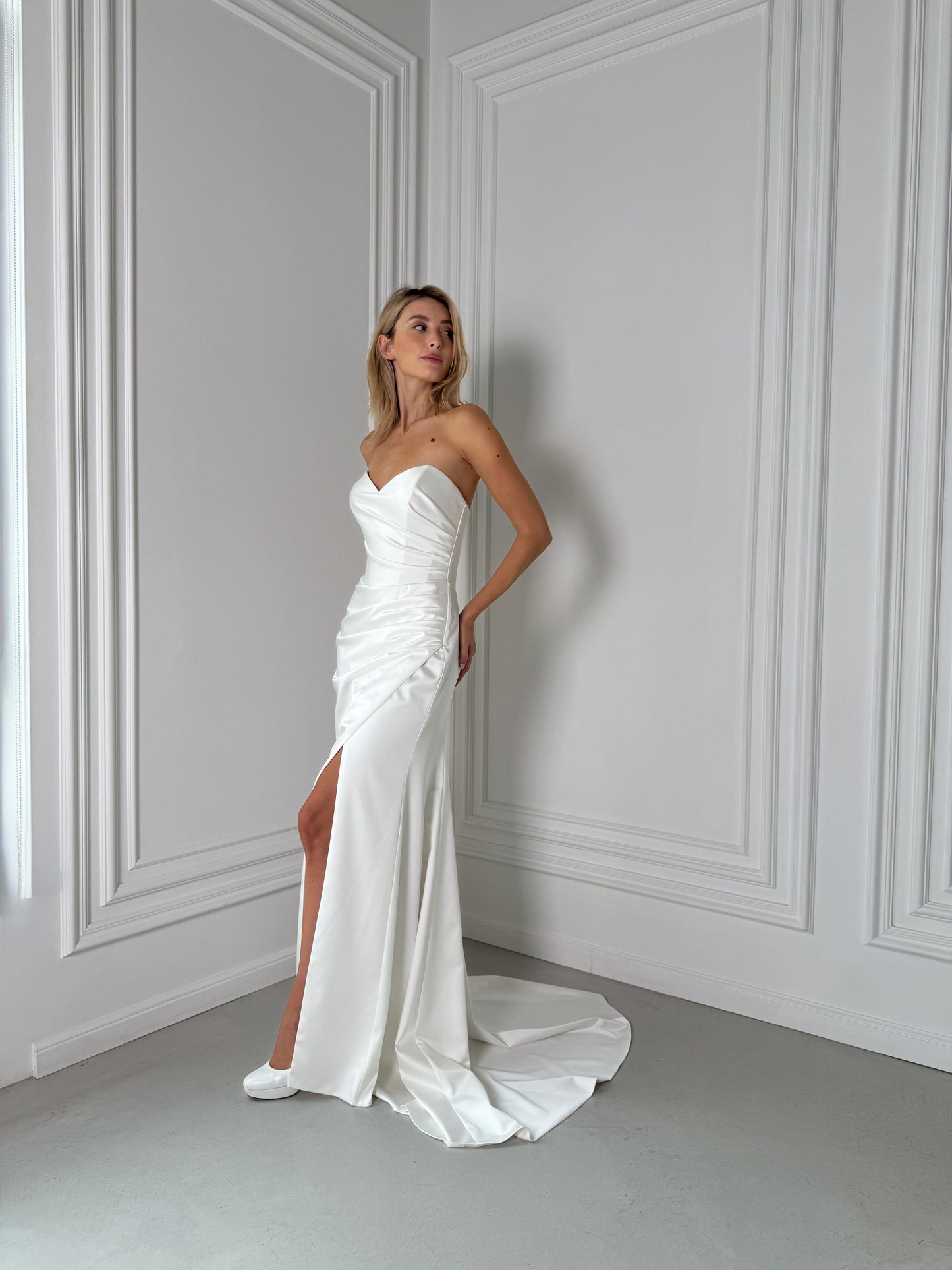 Robin Satin Wedding Gown- Minimalist Dress With Slit, Detachable Lace Bolero