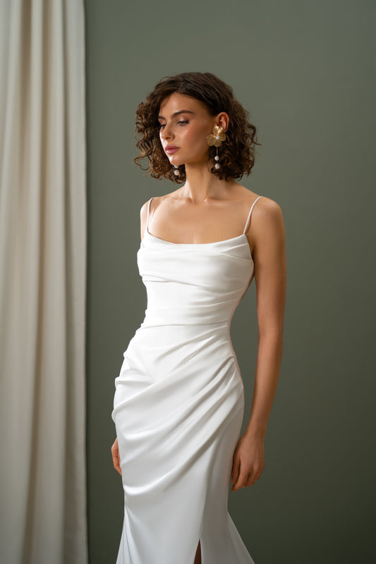 Romi - Satin Flared Slip Wedding Dress with Corset Back and High Slit