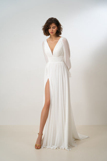 Roxy - Chiffon Wedding Dress with Long Sleeves & High Slit