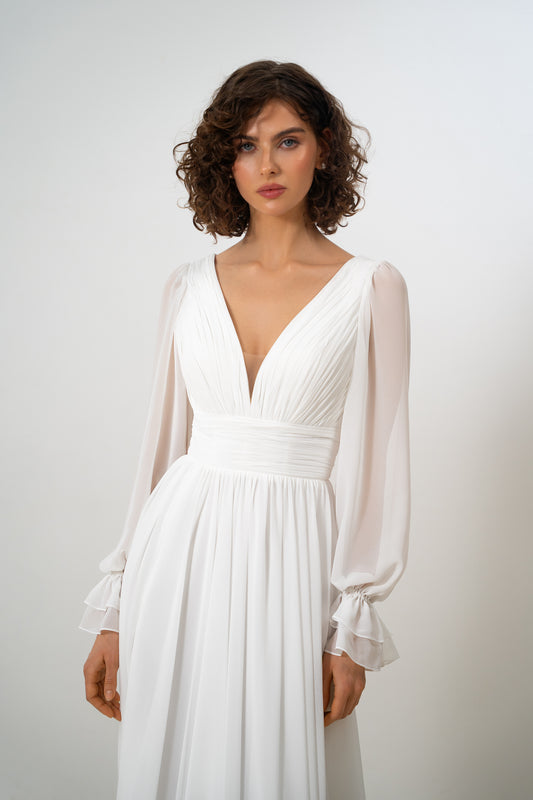 Roxy - Chiffon Wedding Dress with Long Sleeves & High Slit