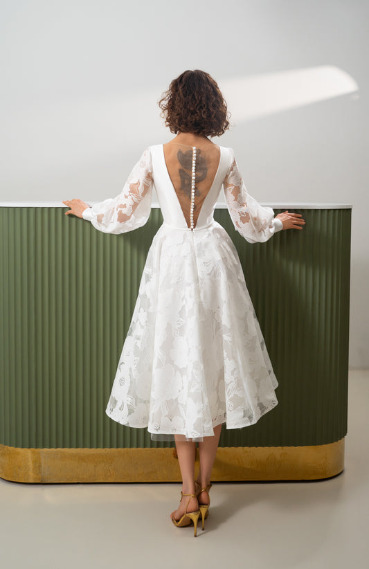 Sabina - Midi Wedding Dress with Sheer Floral Sleeves & Open Back Covered with Buttons