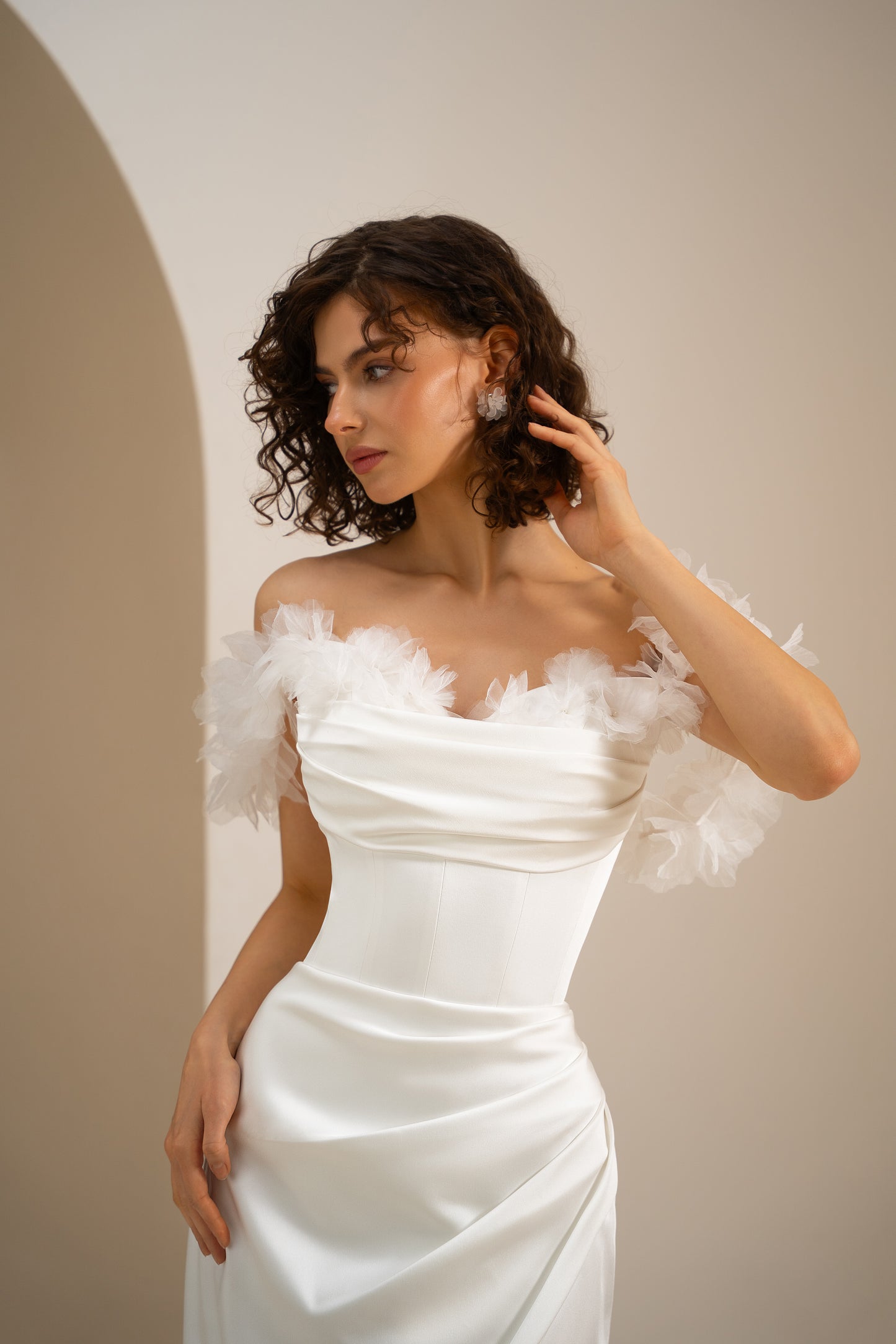 Stacy -  Off-Shoulder Satin Wedding Dress with High Slit