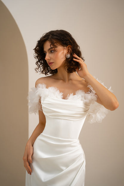Stacy -  Off-Shoulder Satin Wedding Dress with High Slit
