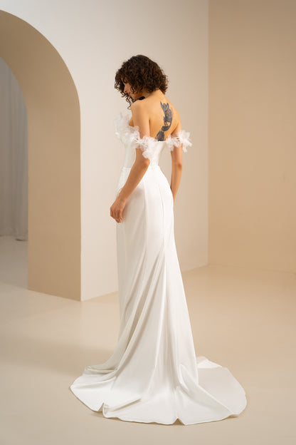 Stacy -  Off-Shoulder Satin Wedding Dress with High Slit