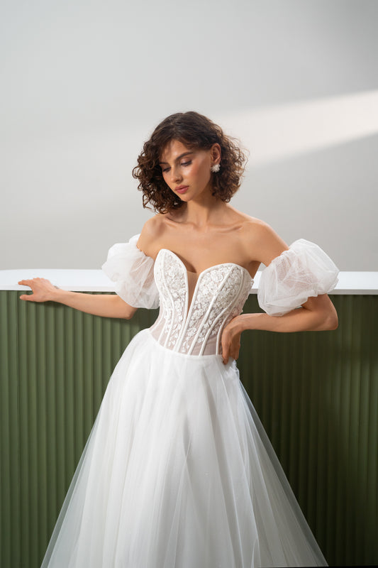 Gabriel - Off-Shoulder Glitter Tulle Wedding Dress with Corset Bodice – Romantic A-Line Bridal Gown