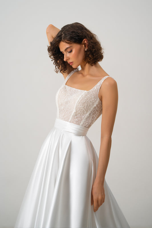 Kendall – Elegant A-line  Satin & Lace Wedding Gown with Square Neckline