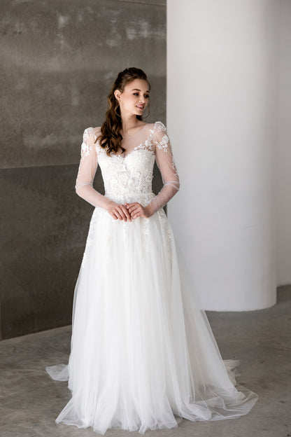 Leona – Elegant Lace Bridal Gown with Long Sheer Sleeves