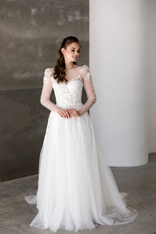 Leona – Elegant Lace Bridal Gown with Long Sheer Sleeves