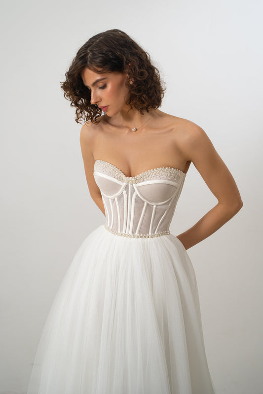 Melek - Elegant Beaded Strapless Corset A-line  Dress