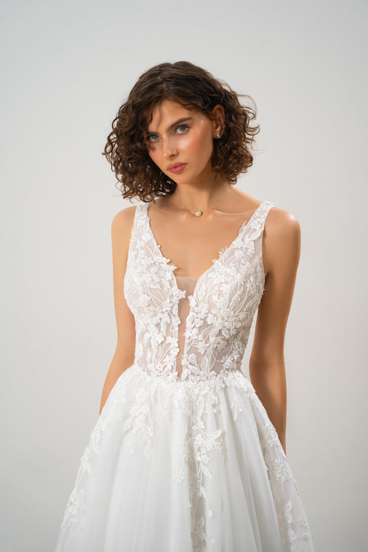 Merelin - Plunging  V-Neck Lace Wedding Dress
