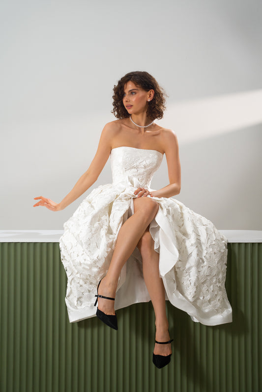 Monica - Strapless Floral Lace High-Low Skirt  Gown