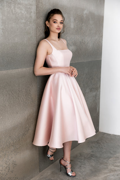 Pinky - Blush Pink Satin Midi Dress Elegant A-line Flowing Cocktail & Bridesmaid Gown