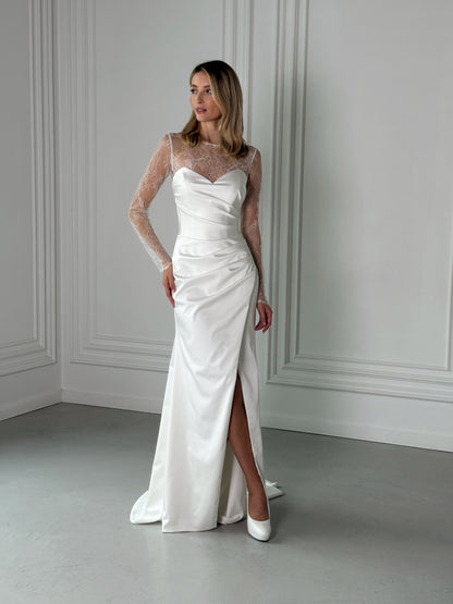 Robin Satin Wedding Gown- Minimalist Dress With Slit, Detachable Lace Bolero