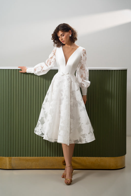 Sabina - Midi Wedding Dress with Sheer Floral Sleeves & Open Back Covered with Buttons